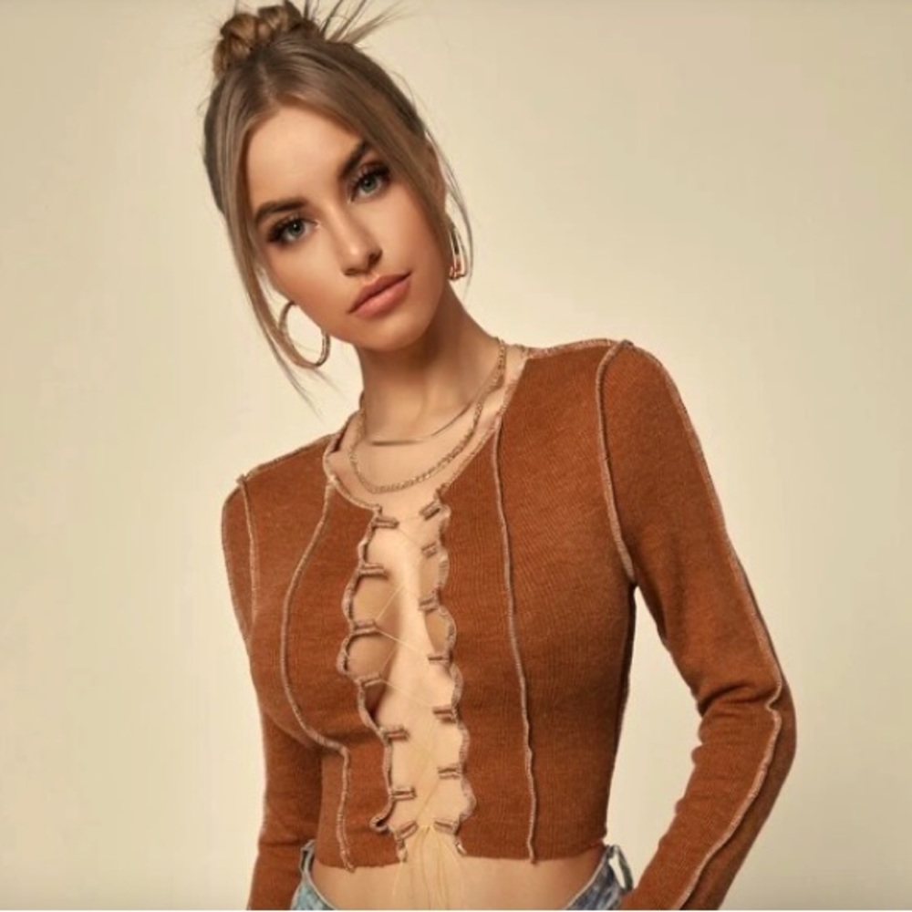NWOT Shein Brown Lace Up Top Stitching Ribbed Top Size Medium